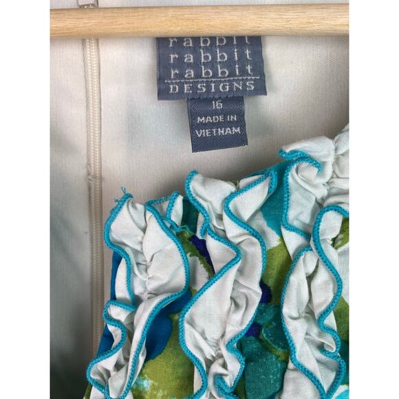 Rabbit Rabbit Rabbit Designs Women's 16 White Blue Floral Ruffle Sheath Dress - Picture 3 of 8